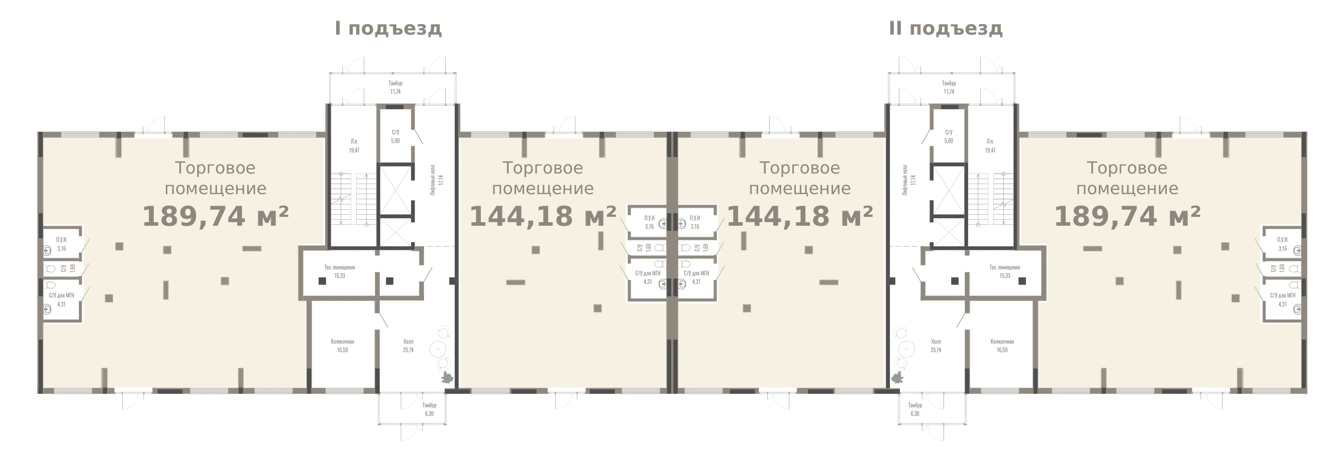 Сводный план первого этажа: торговые помещения 189,74 и 144,18 м² в каждом подъезде